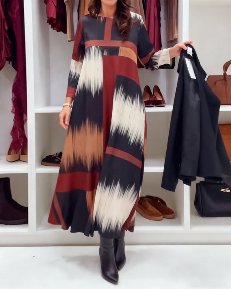 Stylish Women's Round Neck Long-Sleeved Printed Dress