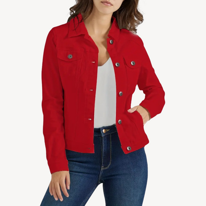 Red Denim Jacket Women Slim Fit