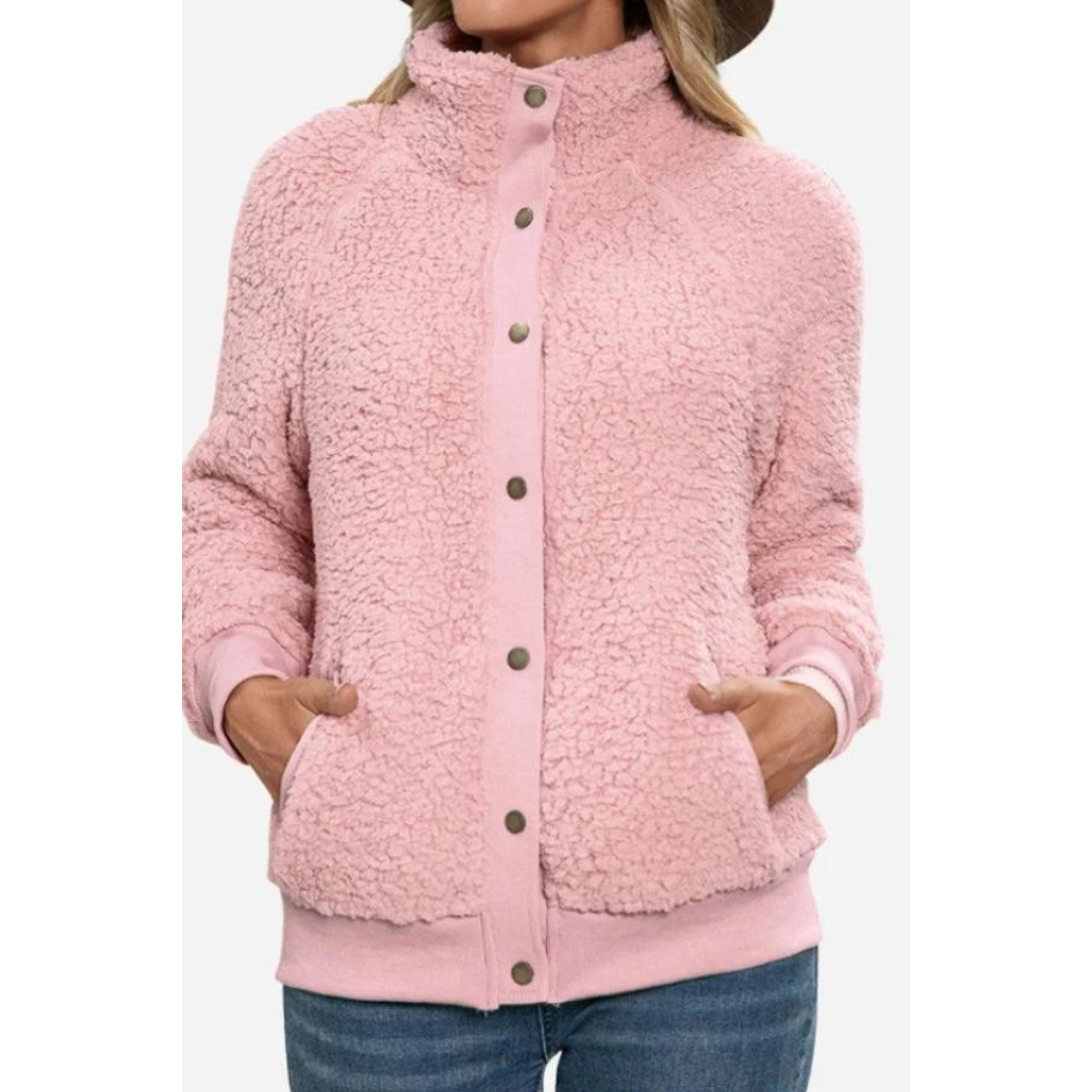 Stylish Fleece Jacket Stand-Up Collar Button Closure