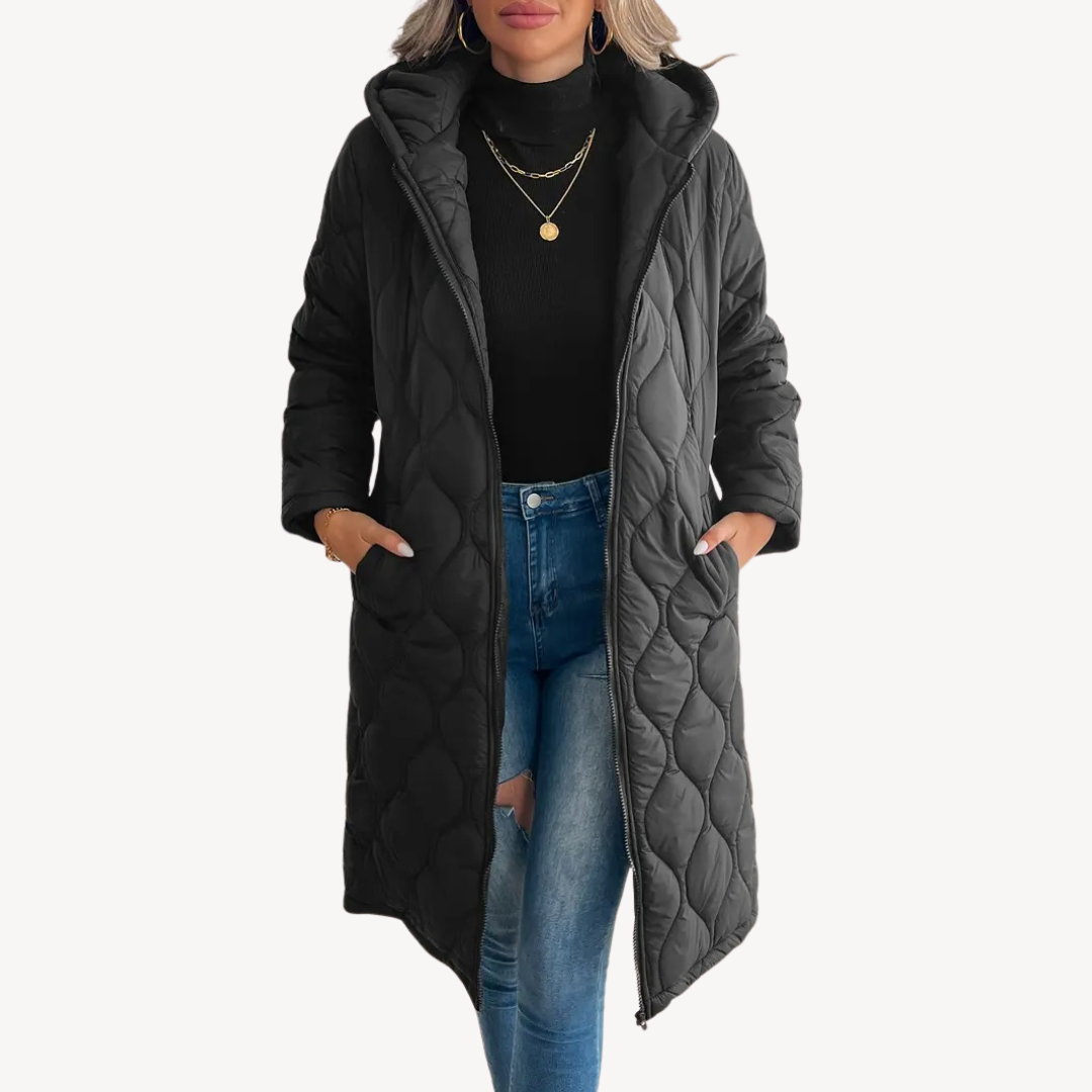Stylish Women's Puffer Coat Black Quilted Hood