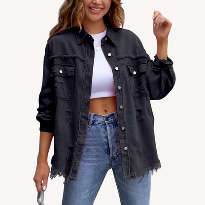 Trendy Black Ripped Denim Jacket