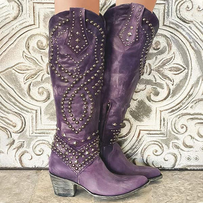 Stylish Women's High Metallic Stud Block Heel Boots