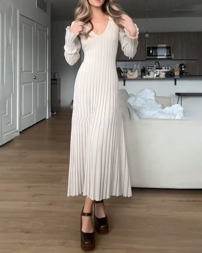 Ribbed Dress V-Neck Elegant Women's Dress
