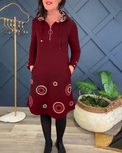Fashionable Dress with Circle Pattern & Hood