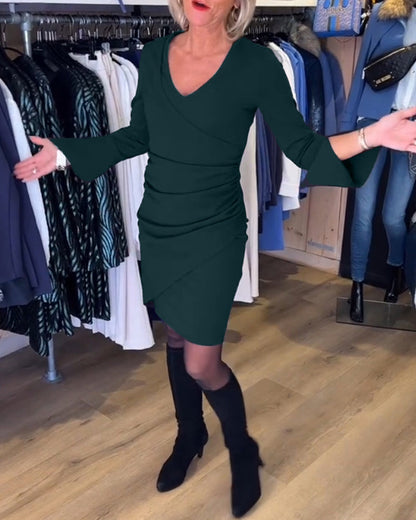 Women's V-Neck Flare Sleeve Dress