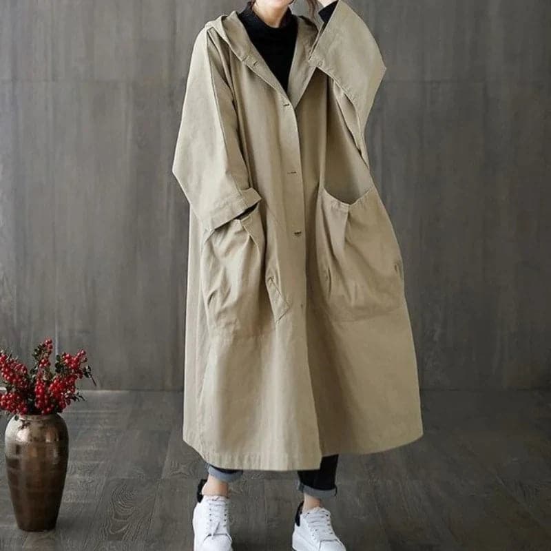 Übergrößer Trenchcoat Lang Mit Kapuze Große Taschen - IdealeKleiden