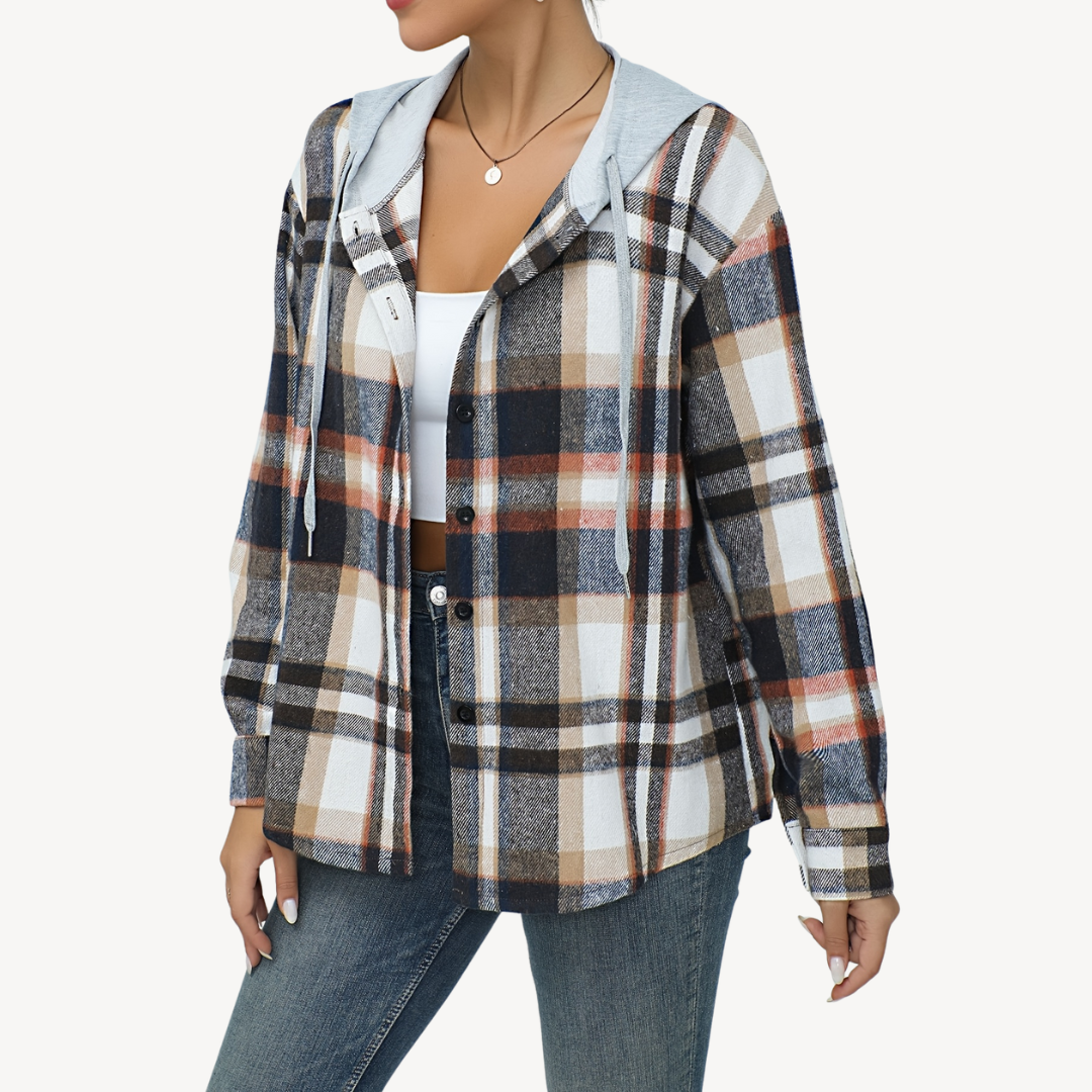 Women's Plaid Blazer with Hood and Buttons