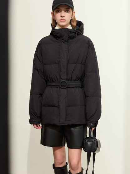 Warm Down Jacket Hooded Parka With Belt