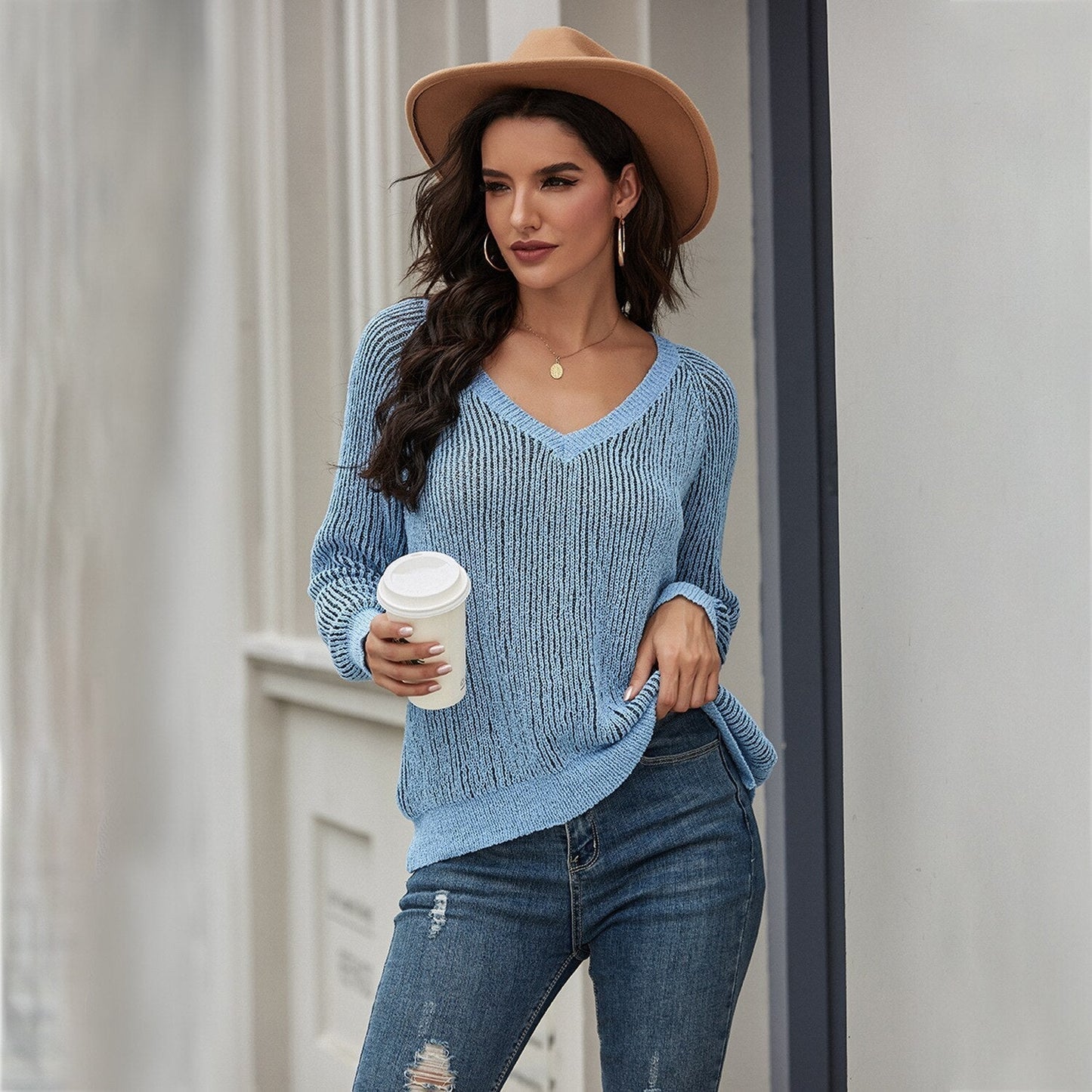 Loose Knit Sweater Long Sleeve V-Neck