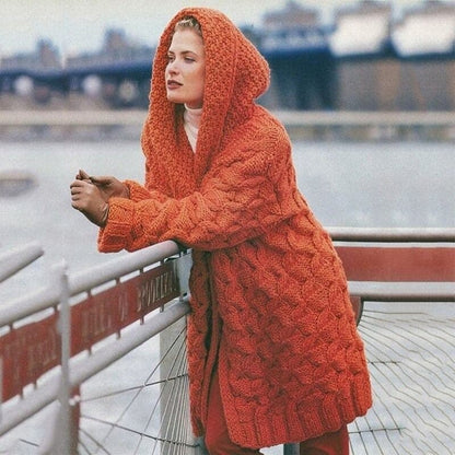 Gestrickte Strickjacke Lang Kapuze Offen - IdealeKleiden
