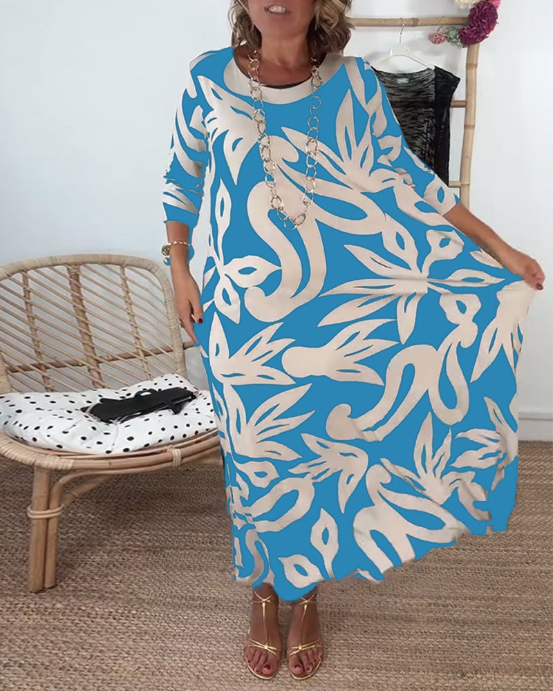 Women's Round Neck Long Sleeve Dress with Colorful Print