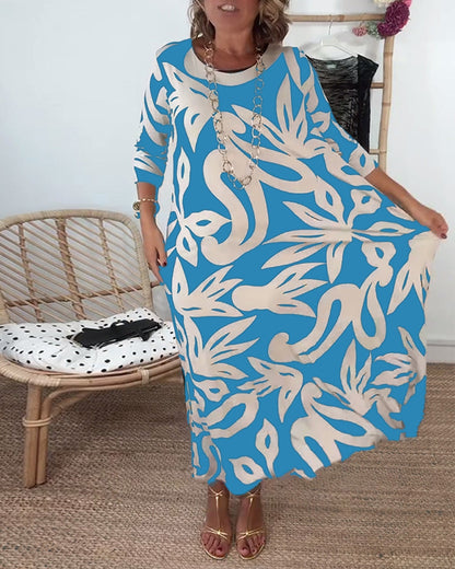 Women's Round Neck Long Sleeve Dress with Colorful Print