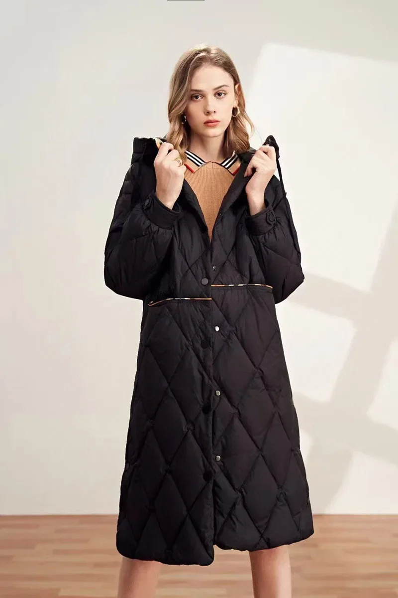Elegant Women's Coat Diamond Pattern Long Hooded