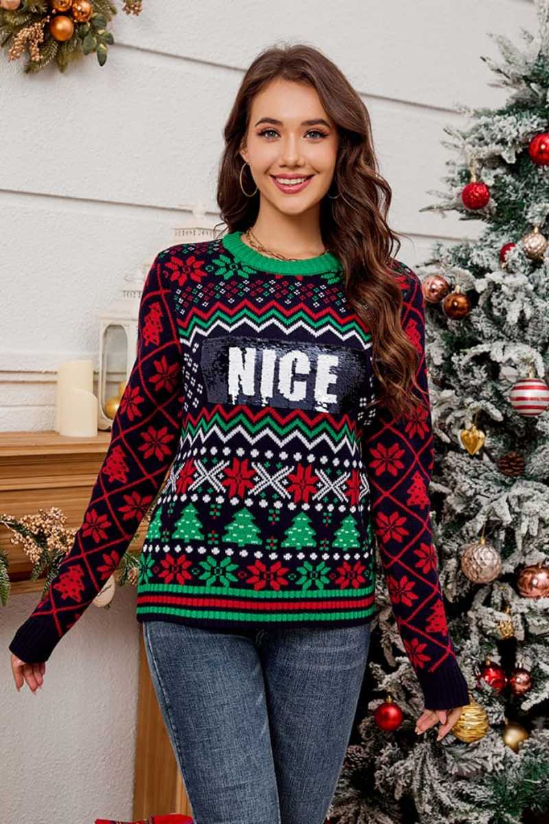Weihnachts-Pullover Glitzer Bestickung Jacquard - IdealeKleiden