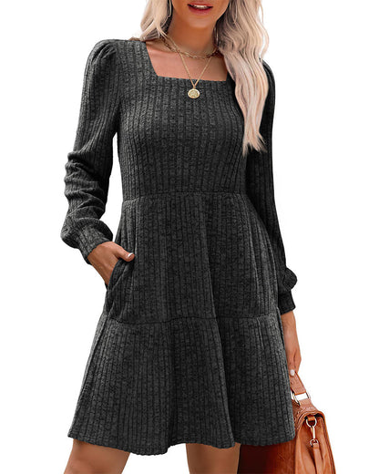 Women's Elegant Square Neck Ribbed Dress