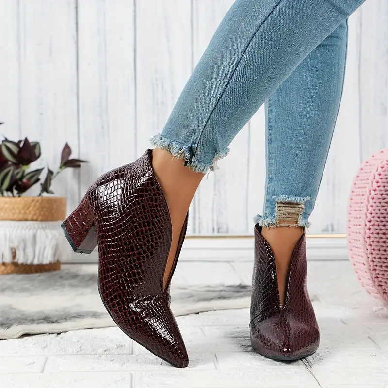 Shiny Ankle Boots Crocodile Pattern Elegant
