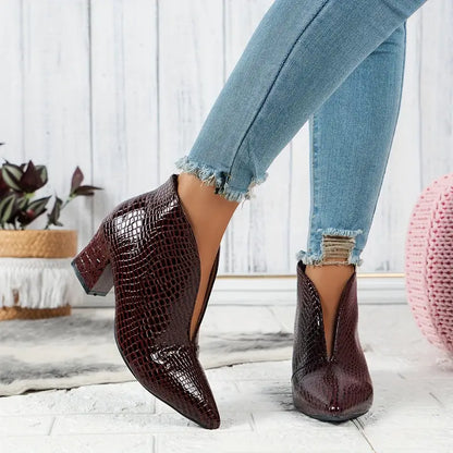 Shiny Ankle Boots Crocodile Pattern Elegant