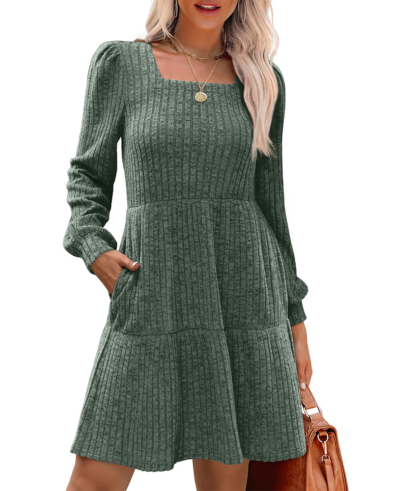 Women's Elegant Square Neck Ribbed Dress
