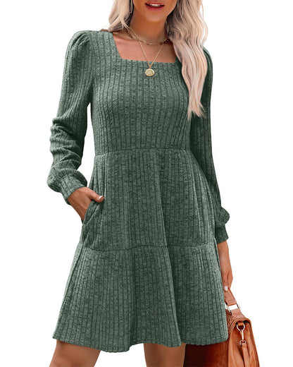 Women's Elegant Square Neck Ribbed Dress