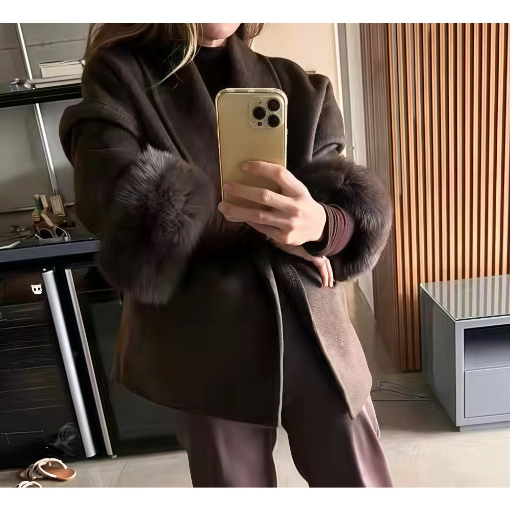 Women's Long Winter Coat with Belt and Faux Fur