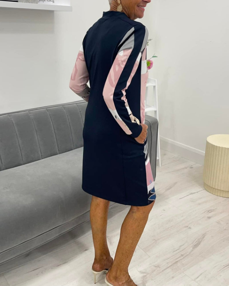 Kleid Mit Langen Ärmeln und Tasche Farbblock Design - IdealeKleiden