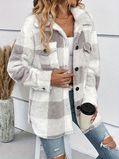 Women's Fleece Jacket Plaid Pattern Warm & Comfortable