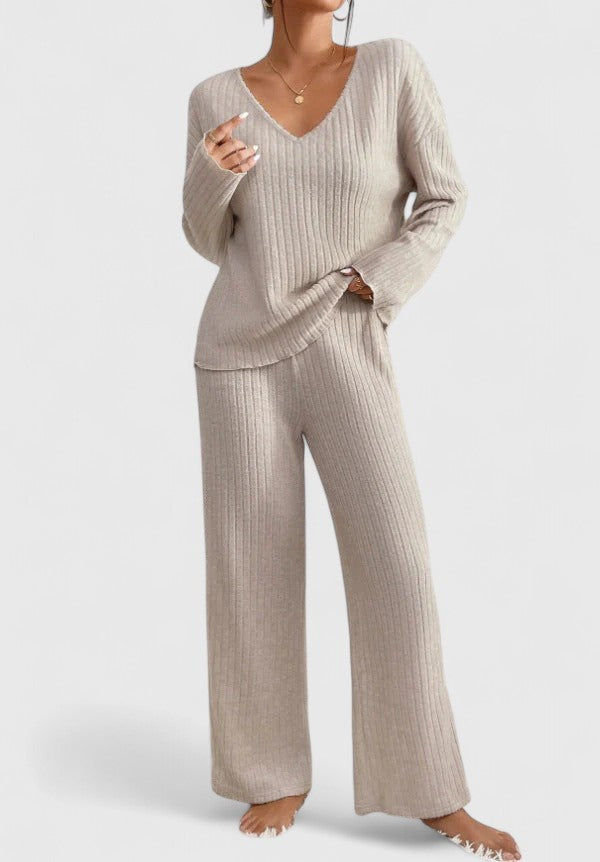 Damen Loungewear Set Rippstrick Hose Bequem - IdealeKleiden