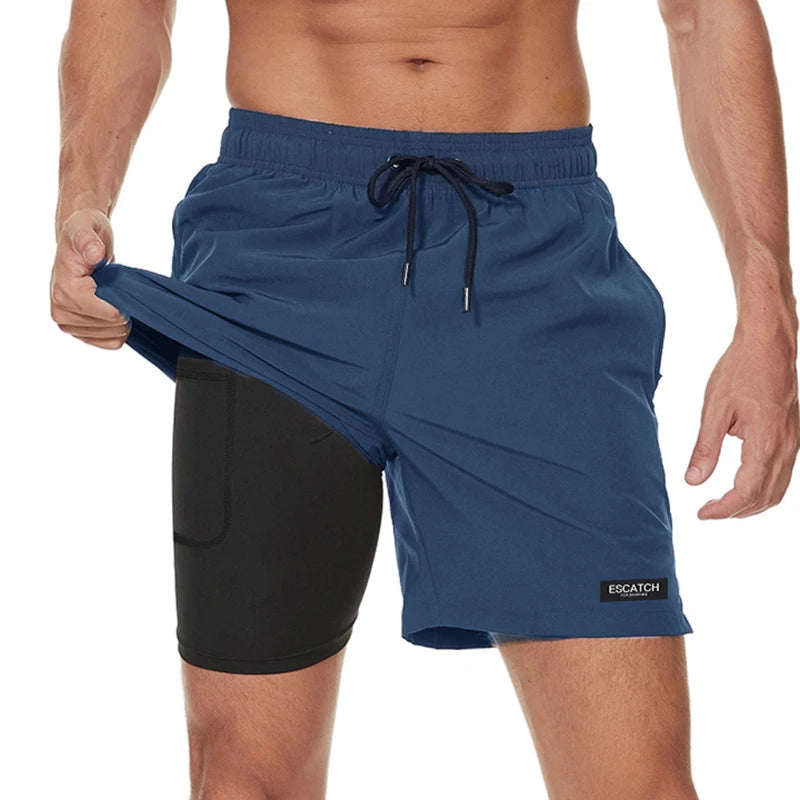 Men's 2-in-1 Sporty Swim Shorts with Drawstring