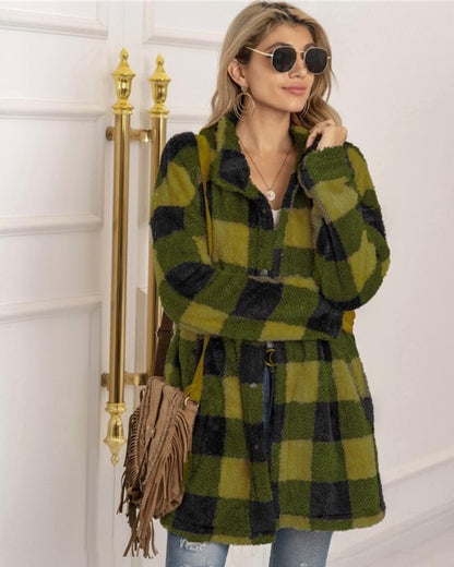 Oversized Winter Coat Soft Checked Buttons