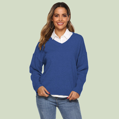 Women's Knitted V-Neck Sweater Comfortable Long Sleeve