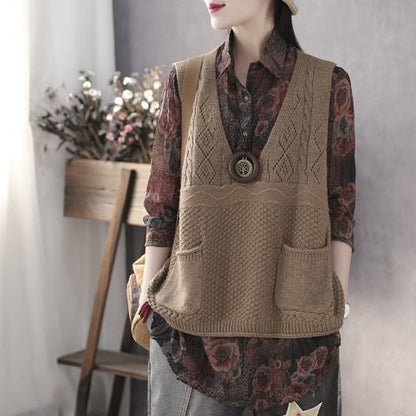 Women's Knitted Vest V-Neck with Pockets Elegant Design