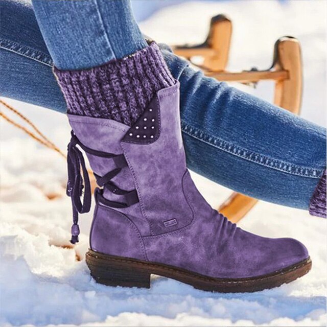 Retro Leather Boots Women Midi Calf