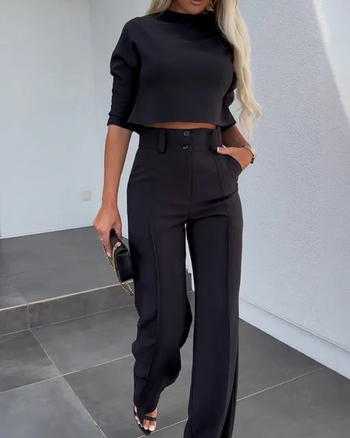 Elegant Women's Clothing | Co-Ord Set Crop Top and Wide Leg Trousers
