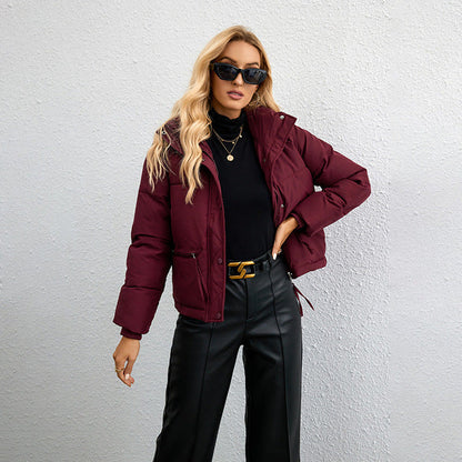 Fashionable Puffer Jacket Short Stand-up Collar Zipper
