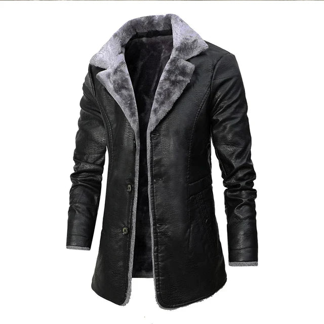 Leather Coat Long Men Thick Warm Elegant