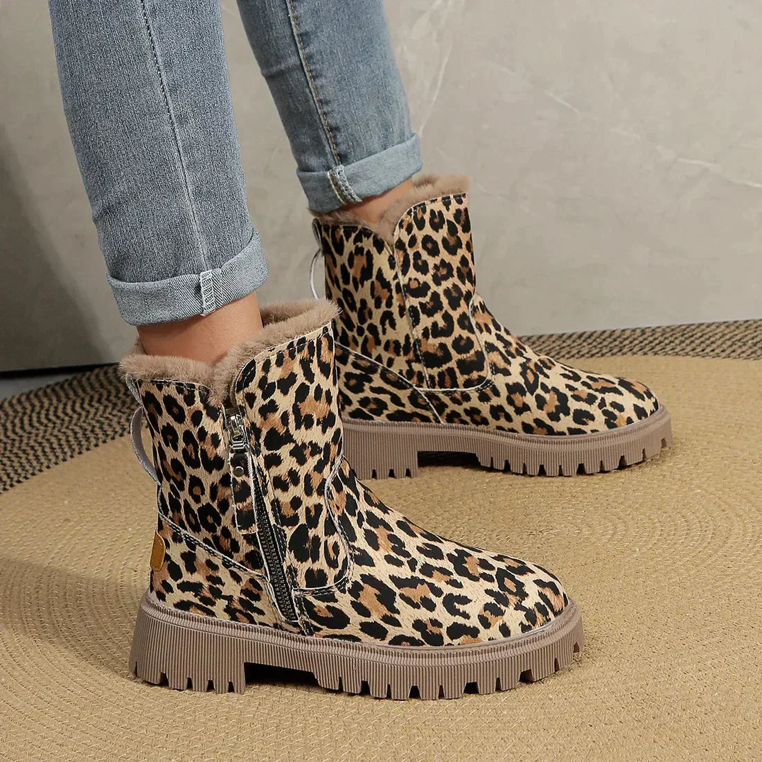 Winterstiefel Leopardenmuster Weich Samt - IdealeKleiden