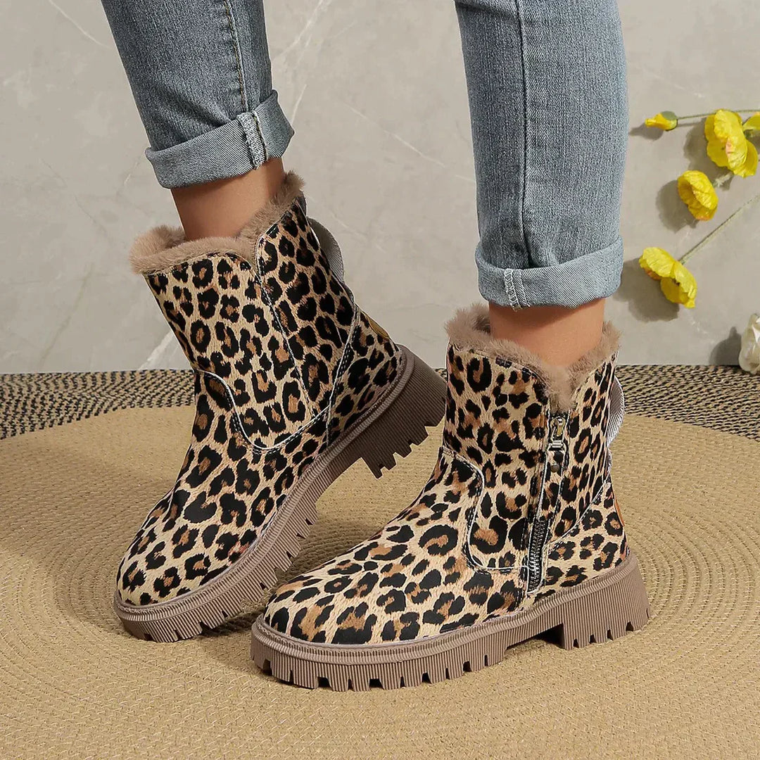 Winter Boots Leopard Print Soft Velvet