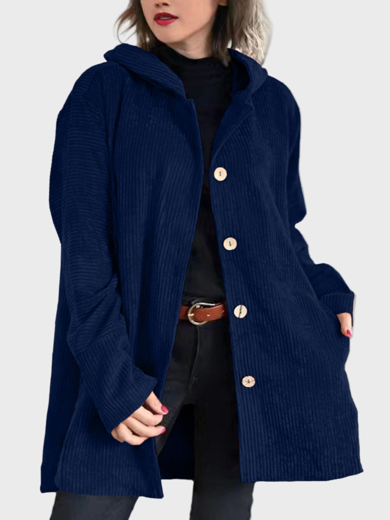 Practical winter jacket hood and buttons