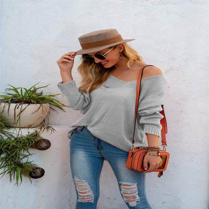 Women's Knitted Pullover Casual V-neck Long-sleeved