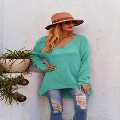 Women's Knitted Pullover Casual V-neck Long-sleeved