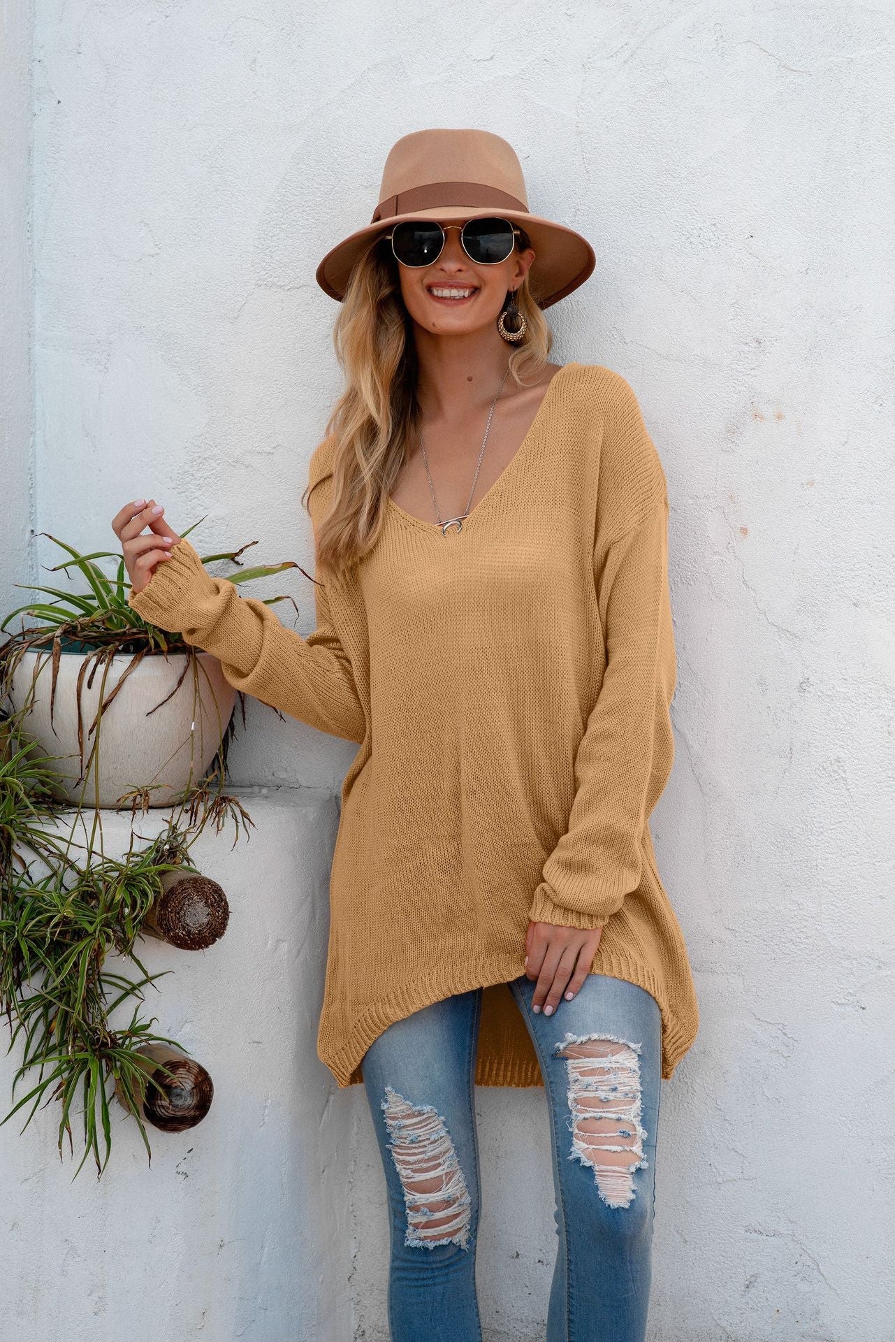 Women's Knitted Pullover Casual V-neck Long-sleeved