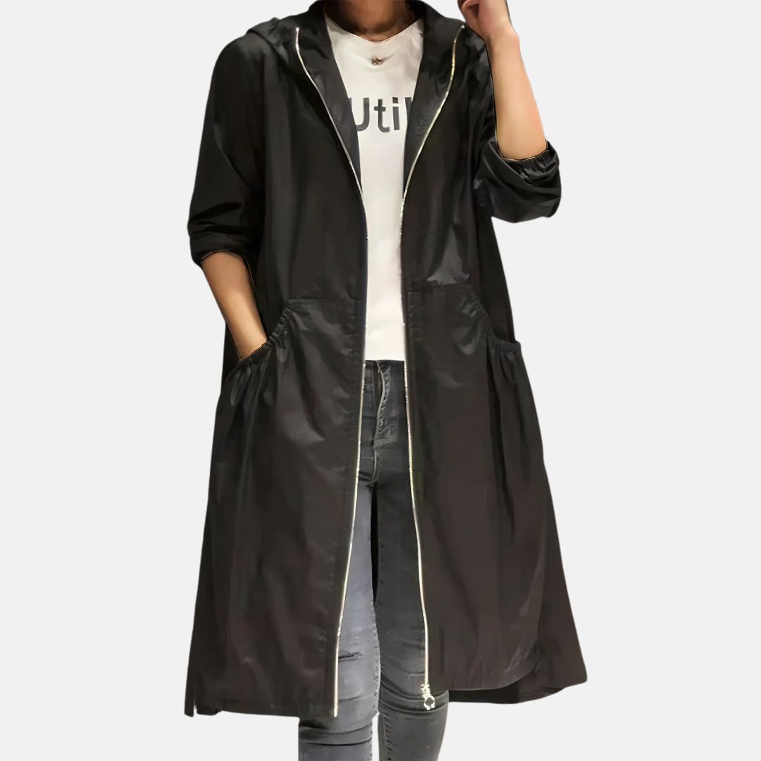 Waterproof Women's Knee-Length Jacket with Hood