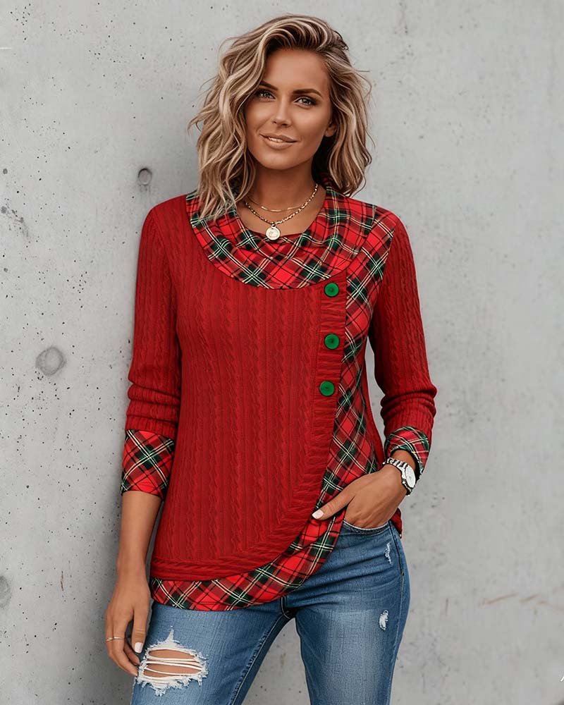 Plaid Long Sleeve Top Patchwork Women