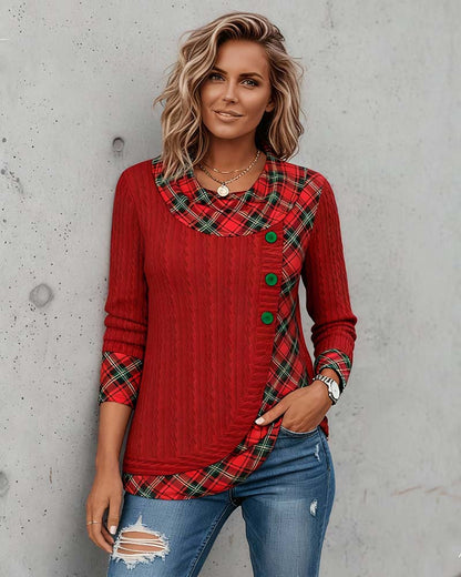 Plaid Long Sleeve Top Patchwork Women