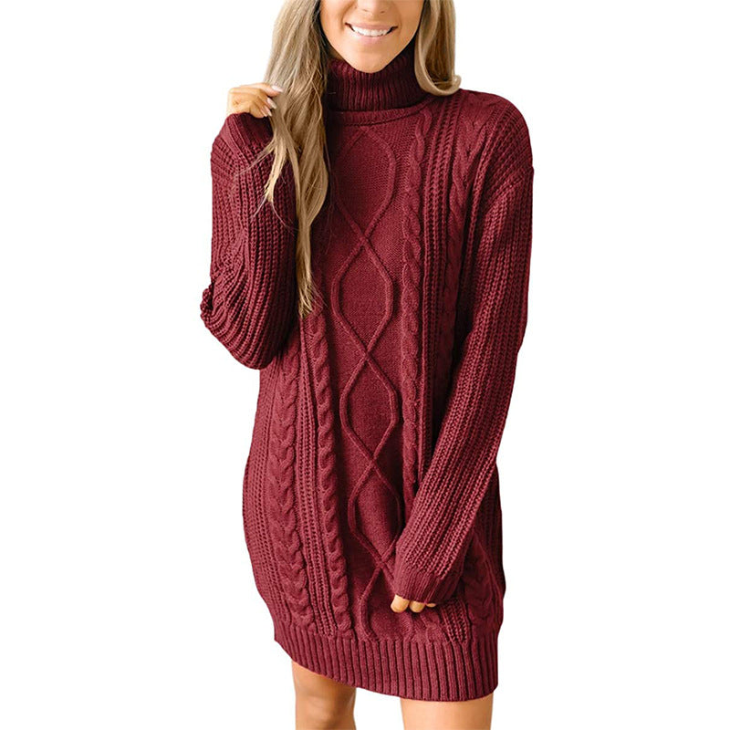 Women's Cable Knit Tunic Sweater with High Collar