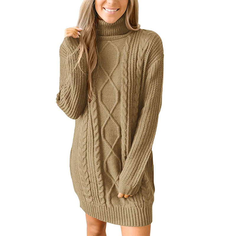 Women's Cable Knit Tunic Sweater with High Collar