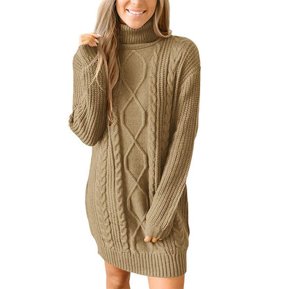 Women's Cable Knit Tunic Sweater with High Collar