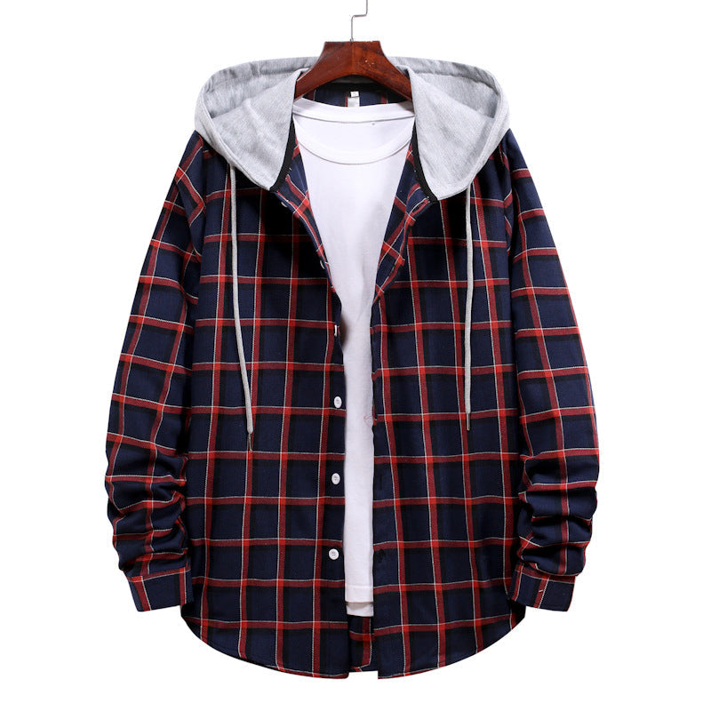 Men's Hooded Blouse Plaid Trendy Transitional Jacket
