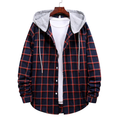 Men's Hooded Blouse Plaid Trendy Transitional Jacket