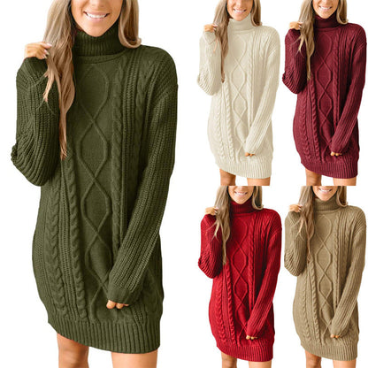 Damen Pulloverkleid Grobstrick mit Zopfmuster und Hochkragen - IdealeKleiden